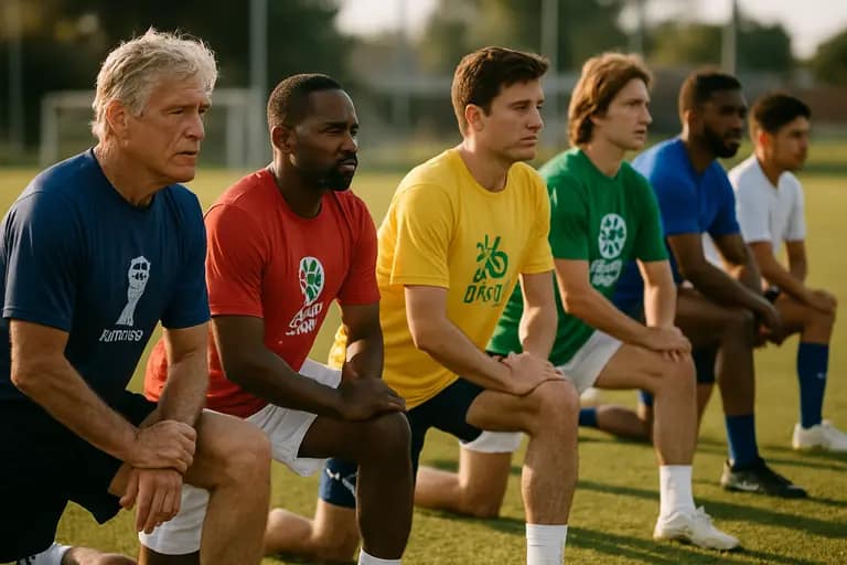 Veteran and younger soccer players passing during a structured drill