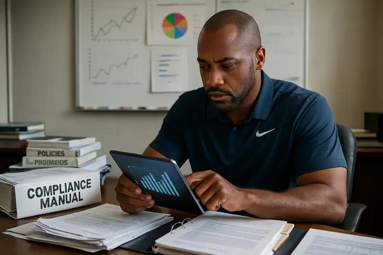 University athletics leaders reviewing compliance notes in a conference room