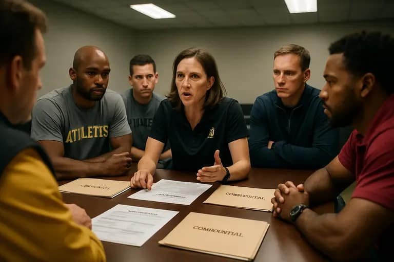 Athletic department meeting with budget papers and team equipment on a table