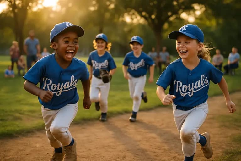 Youth baseball players practicing on a city field with downtown nearby