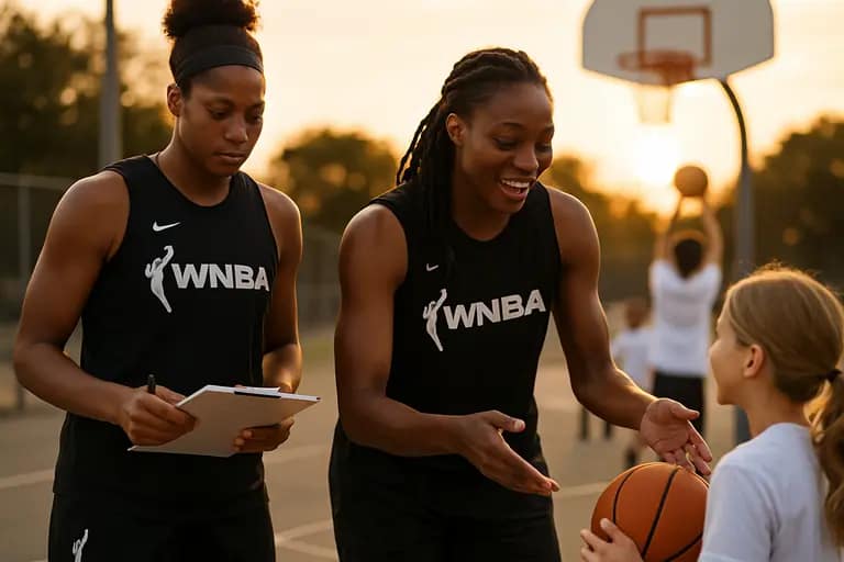 Women’s basketball players huddle near the bench during a timeout