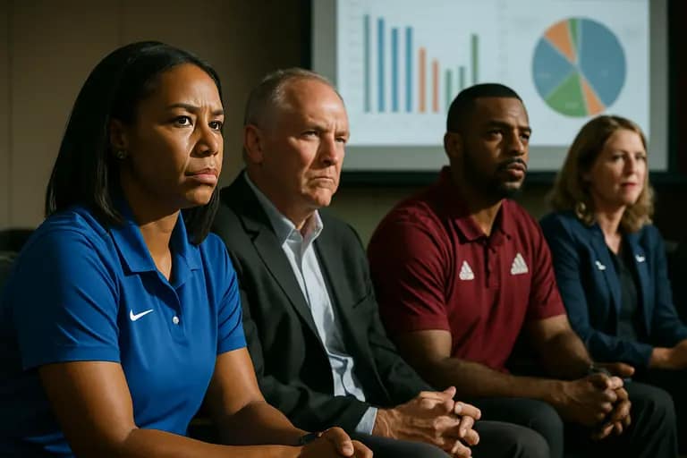 Athletics administrators studying a conference rules manual in a boardroom