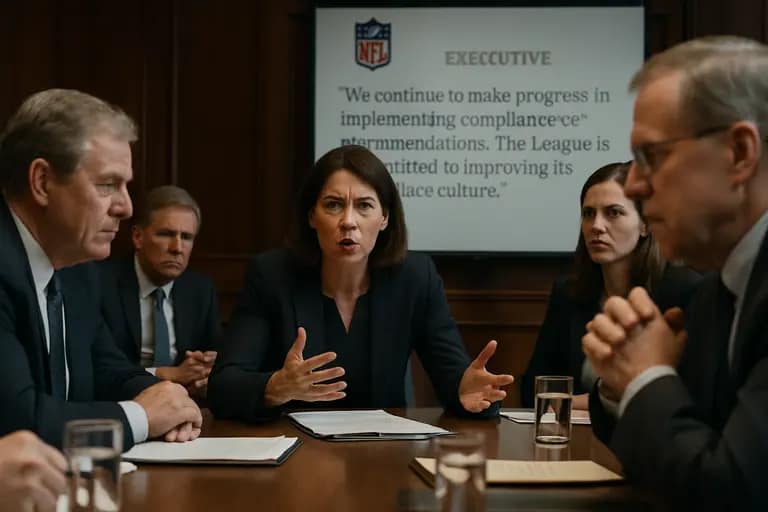 Government hearing room with documents and sports media reports on a table