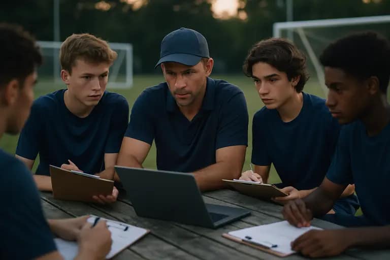 Coach reviewing notes beside a youth soccer field during player evaluations