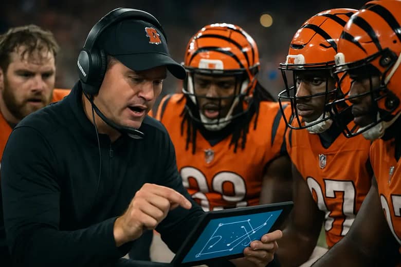 Bengals Coaching Continuity discussion in a football meeting room