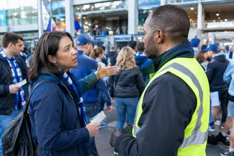 Stadium workers and fans moving through a concourse before an event