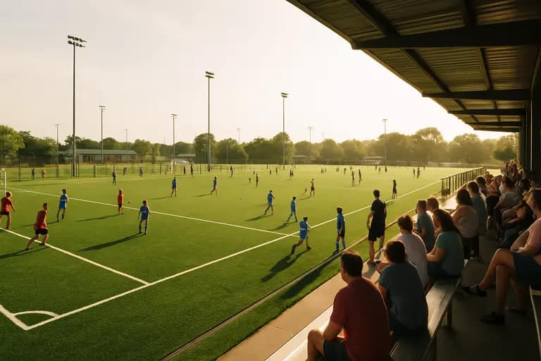 Multiple soccer fields at a training complex with players warming up