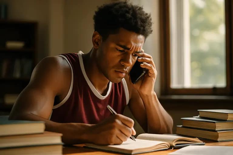 Student-athlete studying with football gear beside a laptop