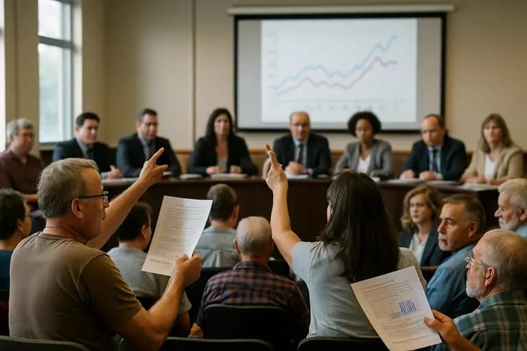 City meeting room with residents reviewing stadium finance documents