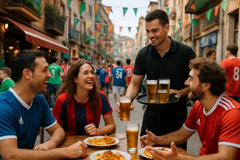 Visitors walking near hotels and sports venues before a soccer matchday