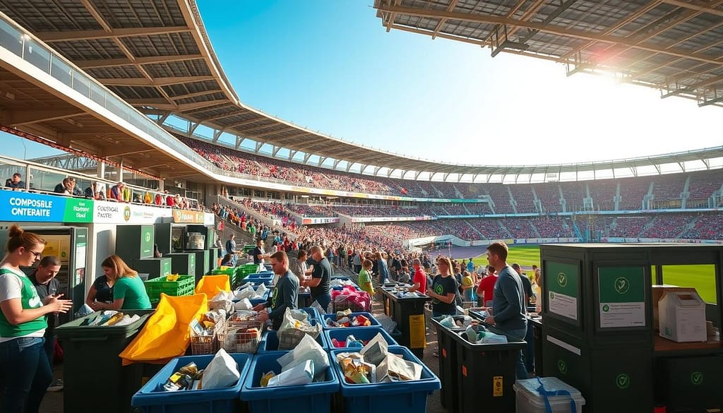 A bustling sports arena, its concourse adorned with strategically placed compost bins and recycling stations. In the foreground, a group of enthusiastic volunteers sorting through the waste, ensuring every item finds its proper destination. The middle ground showcases a diverse array of sustainably sourced concession stands, their menus featuring compostable packaging and local, organic ingredients. In the background, the stadium's roof is lined with solar panels, casting a warm, eco-friendly glow over the entire scene. The atmosphere exudes a sense of collective responsibility, where fans and organizers alike are united in their commitment to reducing waste and embracing a greener future for sports events. A bustling sports arena, its concourse adorned with strategically placed compost bins and recycling stations. In the foreground, a group of enthusiastic volunteers sorting through the waste, ensuring every item finds its proper destination. The middle ground showcases a diverse array of sustainably sourced concession stands, their menus featuring compostable packaging and local, organic ingredients. In the background, the stadium's roof is lined with solar panels, casting a warm, eco-friendly glow over the entire scene. The atmosphere exudes a sense of collective responsibility, where fans and organizers alike are united in their commitment to reducing waste and embracing a greener future for sports events.