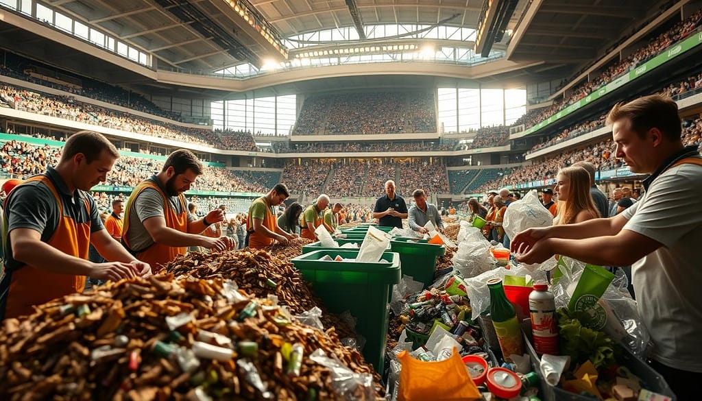 A bustling sports arena, the foreground showcasing a team of dedicated volunteers sorting through piles of compost and recycling, their hands expertly separating organic matter from plastic waste. In the middle ground, fans eagerly participate, learning about sustainable practices and depositing their items into the appropriate bins. The background reveals the stadium's modern architecture, bathed in warm, natural lighting that highlights the green initiatives in place. An atmosphere of community, education, and environmental responsibility permeates the scene, reflecting the challenges and solutions faced in banning single-use plastics in sports. A bustling sports arena, the foreground showcasing a team of dedicated volunteers sorting through piles of compost and recycling, their hands expertly separating organic matter from plastic waste. In the middle ground, fans eagerly participate, learning about sustainable practices and depositing their items into the appropriate bins. The background reveals the stadium's modern architecture, bathed in warm, natural lighting that highlights the green initiatives in place. An atmosphere of community, education, and environmental responsibility permeates the scene, reflecting the challenges and solutions faced in banning single-use plastics in sports.