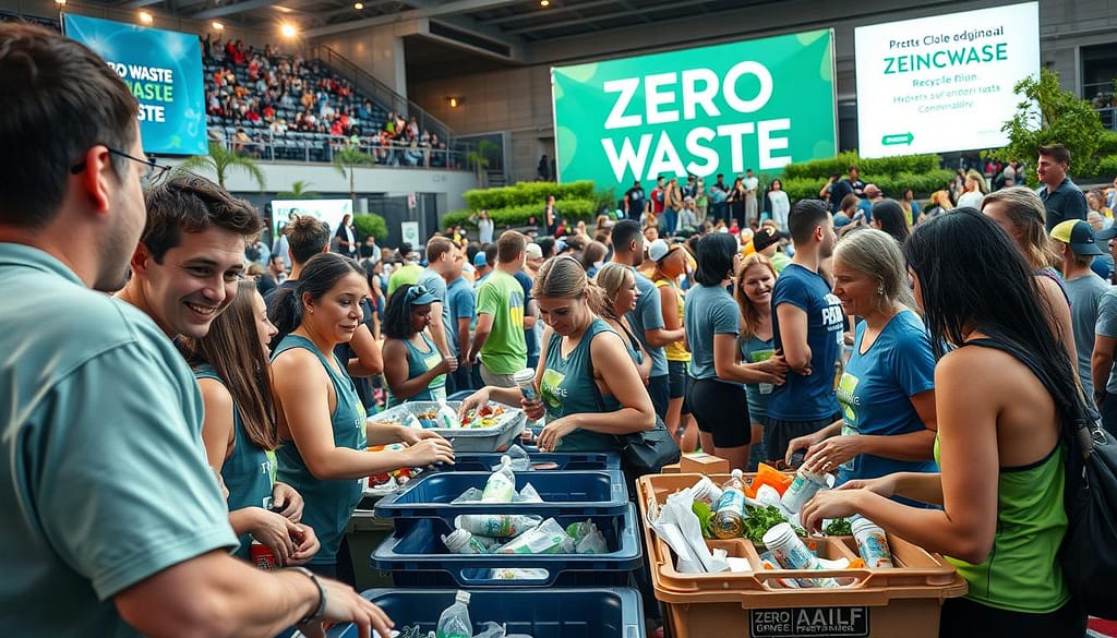 A bustling sports event filled with engaged community members, the foreground showcasing volunteers enthusiastically sorting recyclables and compostables, their faces alight with purpose. In the middle ground, athletes and spectators mingling, chatting animatedly about sustainability initiatives. The background reveals large signage highlighting the event's zero-waste goals, complemented by vibrant green landscaping and solar-powered lighting bathing the scene in a warm, eco-friendly glow. Crisp, high-resolution photography captured with a wide-angle lens to convey a sense of inclusive, collaborative community involvement in sports-driven environmental stewardship. A bustling sports event filled with engaged community members, the foreground showcasing volunteers enthusiastically sorting recyclables and compostables, their faces alight with purpose. In the middle ground, athletes and spectators mingling, chatting animatedly about sustainability initiatives. The background reveals large signage highlighting the event's zero-waste goals, complemented by vibrant green landscaping and solar-powered lighting bathing the scene in a warm, eco-friendly glow. Crisp, high-resolution photography captured with a wide-angle lens to convey a sense of inclusive, collaborative community involvement in sports-driven environmental stewardship.