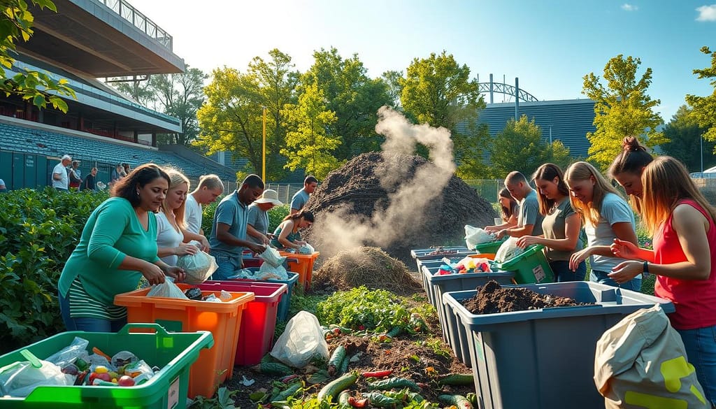 A community garden set against a backdrop of a sports stadium, where volunteers enthusiastically sort and compost organic waste from a recent sports event. In the foreground, a group of people of diverse ages and backgrounds diligently separate recyclables and food scraps into color-coded bins, their faces lit by the warm glow of a midday sun. In the middle ground, a large compost pile steams gently, signifying the ongoing transformation of waste into nutrient-rich soil. The stadium's architectural details and the vibrant green of surrounding trees create a harmonious scene, conveying a sense of environmental stewardship and community engagement in sustainable sports initiatives. A community garden set against a backdrop of a sports stadium, where volunteers enthusiastically sort and compost organic waste from a recent sports event. In the foreground, a group of people of diverse ages and backgrounds diligently separate recyclables and food scraps into color-coded bins, their faces lit by the warm glow of a midday sun. In the middle ground, a large compost pile steams gently, signifying the ongoing transformation of waste into nutrient-rich soil. The stadium's architectural details and the vibrant green of surrounding trees create a harmonious scene, conveying a sense of environmental stewardship and community engagement in sustainable sports initiatives.