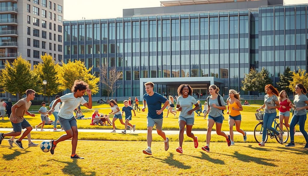 A diverse group of people engaged in various sports activities within a vibrant urban setting. In the foreground, individuals are playing basketball, kicking a soccer ball, and jogging together. The middle ground features a park-like area with people picnicking, cycling, and playing frisbee. In the background, a modern civic building with glass facades and a prominent entrance stands as a symbol of community involvement. Warm, natural lighting casts a welcoming glow, and the overall atmosphere conveys a sense of inclusive civic participation and social cohesion. A diverse group of people engaged in various sports activities within a vibrant urban setting. In the foreground, individuals are playing basketball, kicking a soccer ball, and jogging together. The middle ground features a park-like area with people picnicking, cycling, and playing frisbee. In the background, a modern civic building with glass facades and a prominent entrance stands as a symbol of community involvement. Warm, natural lighting casts a welcoming glow, and the overall atmosphere conveys a sense of inclusive civic participation and social cohesion.