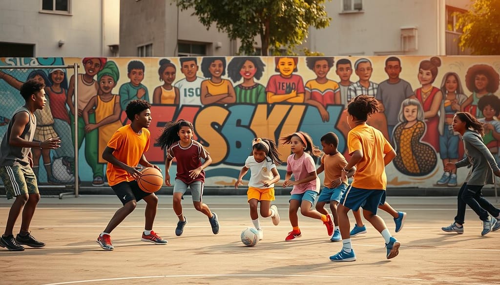 A diverse group of young athletes from various backgrounds, engaged in a variety of inclusive sports on an urban community court. The foreground depicts teenagers of different races and ethnicities playing basketball, while in the middle ground, a group of children participate in a lively game of soccer. The background showcases a vibrant mural depicting themes of unity, empowerment, and social justice. Warm, diffused lighting casts a hopeful glow, capturing the sense of community and opportunity these sports provide for marginalized youth. The scene evokes a spirit of camaraderie, self-expression, and the transformative power of sports in fostering social inclusion. A diverse group of young athletes from various backgrounds, engaged in a variety of inclusive sports on an urban community court. The foreground depicts teenagers of different races and ethnicities playing basketball, while in the middle ground, a group of children participate in a lively game of soccer. The background showcases a vibrant mural depicting themes of unity, empowerment, and social justice. Warm, diffused lighting casts a hopeful glow, capturing the sense of community and opportunity these sports provide for marginalized youth. The scene evokes a spirit of camaraderie, self-expression, and the transformative power of sports in fostering social inclusion.