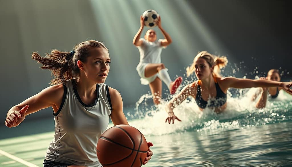 A group of determined women athletes overcoming sports barriers, captured in a dynamic, cinematic scene. In the foreground, a female basketball player confidently dribbles the ball, her expression focused and resolute. In the middle ground, a female soccer player leaps to head the ball, defying gravity. In the background, a female swimmer powers through the water, her strokes fluid and powerful. The lighting is dramatic, casting heroic shadows and highlights, as if spotlighting their triumph. The scene conveys a sense of empowerment, resilience, and the unwavering spirit of women in sports, overcoming obstacles to excel. A group of determined women athletes overcoming sports barriers, captured in a dynamic, cinematic scene. In the foreground, a female basketball player confidently dribbles the ball, her expression focused and resolute. In the middle ground, a female soccer player leaps to head the ball, defying gravity. In the background, a female swimmer powers through the water, her strokes fluid and powerful. The lighting is dramatic, casting heroic shadows and highlights, as if spotlighting their triumph. The scene conveys a sense of empowerment, resilience, and the unwavering spirit of women in sports, overcoming obstacles to excel.