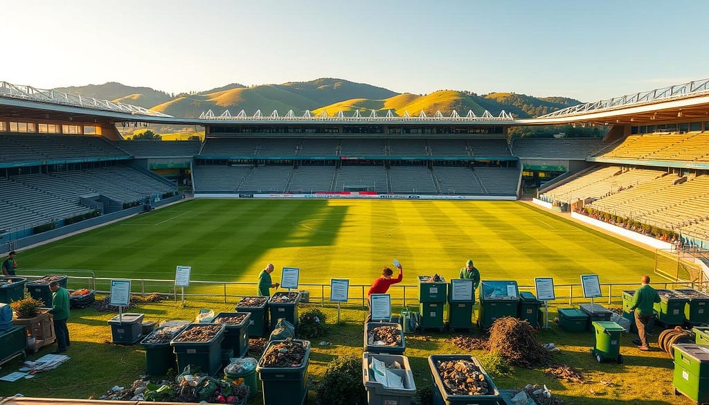 A large, modern sports stadium set against a backdrop of lush, rolling hills. In the foreground, a bustling composting initiative is in full swing, with numerous composting bins and stations dotting the scene. Groundskeepers in green uniforms tend to the composting process, carefully sorting and managing the organic waste. The middle ground features a vibrant, well-maintained lawn and landscaping, with strategically placed informational signs educating visitors about the stadium's sustainable practices. The lighting is warm and natural, casting a soft glow over the entire scene. The atmosphere conveys a sense of environmental responsibility and community engagement, with the stadium serving as a model for sustainable event management. A large, modern sports stadium set against a backdrop of lush, rolling hills. In the foreground, a bustling composting initiative is in full swing, with numerous composting bins and stations dotting the scene. Groundskeepers in green uniforms tend to the composting process, carefully sorting and managing the organic waste. The middle ground features a vibrant, well-maintained lawn and landscaping, with strategically placed informational signs educating visitors about the stadium's sustainable practices. The lighting is warm and natural, casting a soft glow over the entire scene. The atmosphere conveys a sense of environmental responsibility and community engagement, with the stadium serving as a model for sustainable event management.
