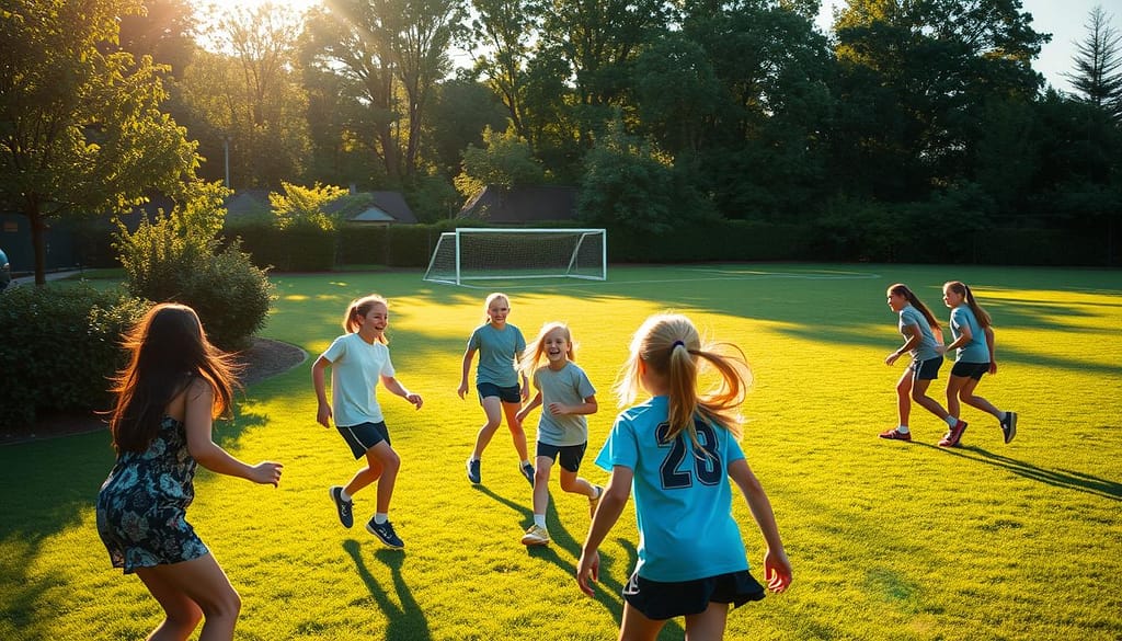 A lush, verdant community sports green space, bathed in warm, golden afternoon sunlight. In the foreground, a group of young girls enthusiastically playing a team sport, their laughter and camaraderie palpable. The middle ground features well-maintained playing fields, with goal posts and lines marking the boundaries. In the background, trees and shrubbery frame the scene, creating a sense of natural, tranquil enclosure. The overall atmosphere conveys a welcoming, inclusive environment that encourages girls to engage in physical activity and build lifelong connections through sports. A lush, verdant community sports green space, bathed in warm, golden afternoon sunlight. In the foreground, a group of young girls enthusiastically playing a team sport, their laughter and camaraderie palpable. The middle ground features well-maintained playing fields, with goal posts and lines marking the boundaries. In the background, trees and shrubbery frame the scene, creating a sense of natural, tranquil enclosure. The overall atmosphere conveys a welcoming, inclusive environment that encourages girls to engage in physical activity and build lifelong connections through sports.