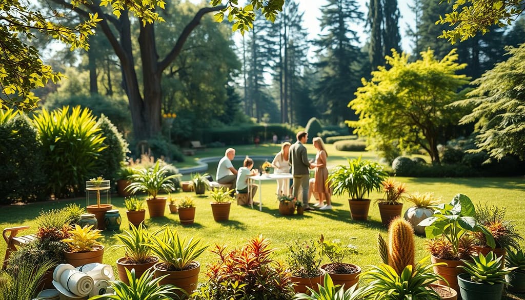 A lush, verdant landscape with a focus on eco-friendly event planning tips. In the foreground, a circular arrangement of potted plants, recycled materials, and sustainable decorations. In the middle ground, event organizers gathered around a table, discussing strategies for a green sports festival. Behind them, a backdrop of a sun-dappled garden, with tall trees and a serene pond. The lighting is warm and natural, creating a calming, inviting atmosphere. The composition conveys a sense of harmony between nature and human creativity, inspiring viewers to rethink how events can be planned with sustainability in mind. A lush, verdant landscape with a focus on eco-friendly event planning tips. In the foreground, a circular arrangement of potted plants, recycled materials, and sustainable decorations. In the middle ground, event organizers gathered around a table, discussing strategies for a green sports festival. Behind them, a backdrop of a sun-dappled garden, with tall trees and a serene pond. The lighting is warm and natural, creating a calming, inviting atmosphere. The composition conveys a sense of harmony between nature and human creativity, inspiring viewers to rethink how events can be planned with sustainability in mind.