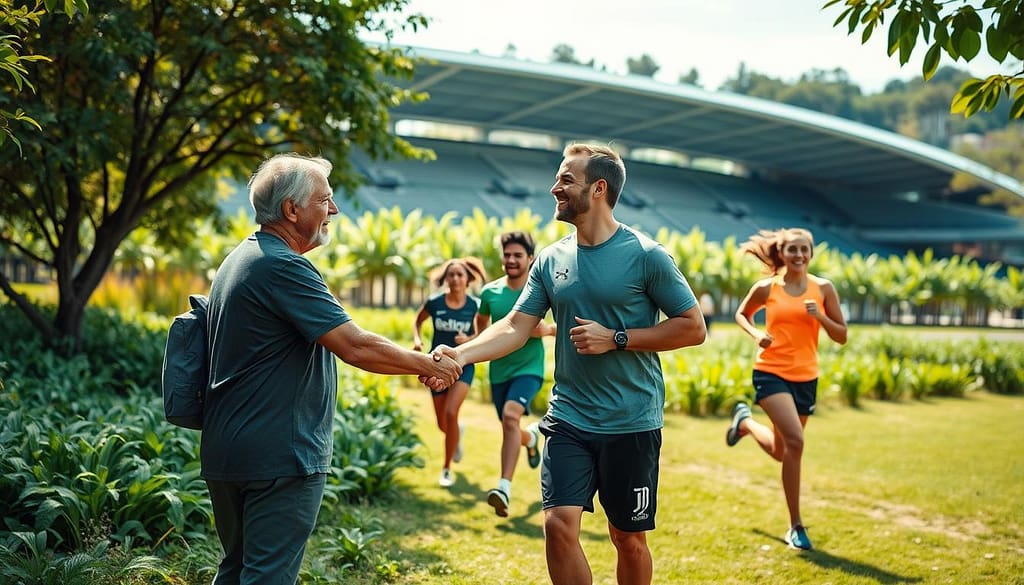 A lush, verdant outdoor scene featuring two prominent environmental organizations partnering with a major sports brand. In the foreground, representatives from the NGOs engage in a handshake, solidifying their collaborative efforts. In the middle ground, athletes wearing the sports brand's sustainable apparel jog past, showcasing the joint initiatives. The background depicts a modern, eco-friendly sports stadium surrounded by thriving greenery, hinting at the organizations' commitment to environmental stewardship. Warm, natural lighting illuminates the scene, conveying a sense of optimism and progress. Captured with a wide-angle lens to emphasize the collaborative, community-driven atmosphere. A lush, verdant outdoor scene featuring two prominent environmental organizations partnering with a major sports brand. In the foreground, representatives from the NGOs engage in a handshake, solidifying their collaborative efforts. In the middle ground, athletes wearing the sports brand's sustainable apparel jog past, showcasing the joint initiatives. The background depicts a modern, eco-friendly sports stadium surrounded by thriving greenery, hinting at the organizations' commitment to environmental stewardship. Warm, natural lighting illuminates the scene, conveying a sense of optimism and progress. Captured with a wide-angle lens to emphasize the collaborative, community-driven atmosphere.
