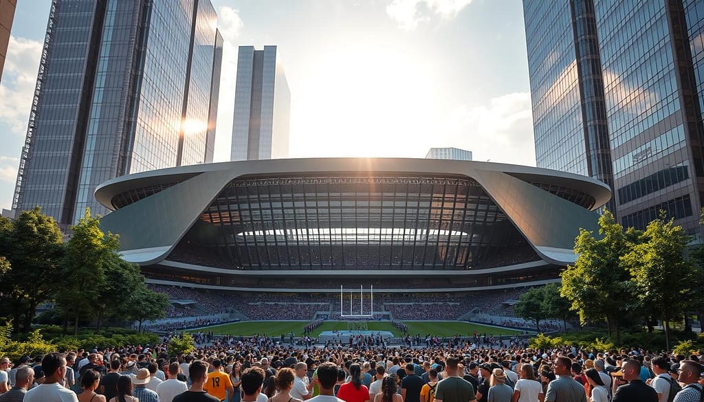 A majestic LEED-certified sports stadium rises against a backdrop of gleaming skyscrapers. Sleek, angular architecture blends seamlessly with lush, verdant landscaping. Sunlight filters through the expansive glass facade, illuminating the energy-efficient design and sustainable materials. In the foreground, fans gather excitedly, their excitement palpable as they approach the entrance. The stadium's striking silhouette commands attention, showcasing the pinnacle of sustainable, high-performance sports venue design. A majestic LEED-certified sports stadium rises against a backdrop of gleaming skyscrapers. Sleek, angular architecture blends seamlessly with lush, verdant landscaping. Sunlight filters through the expansive glass facade, illuminating the energy-efficient design and sustainable materials. In the foreground, fans gather excitedly, their excitement palpable as they approach the entrance. The stadium's striking silhouette commands attention, showcasing the pinnacle of sustainable, high-performance sports venue design.