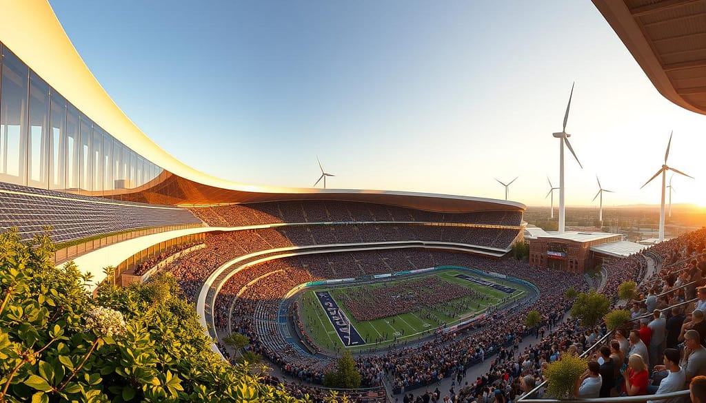 A panoramic view of a modern, sustainable sports stadium transformed from its former industrial state. In the foreground, lush greenery and solar panels adorn the sleek, curved architecture, blending seamlessly with the environment. The middle ground showcases a bustling crowd of spectators, their excitement palpable as they witness the game unfolding. In the background, towering wind turbines slice through the sky, generating clean energy to power the entire complex. Warm, golden lighting filters through the glass facade, creating a welcoming and eco-conscious atmosphere. The scene evokes a sense of progress, community, and a harmonious integration of sports and sustainability. A panoramic view of a modern, sustainable sports stadium transformed from its former industrial state. In the foreground, lush greenery and solar panels adorn the sleek, curved architecture, blending seamlessly with the environment. The middle ground showcases a bustling crowd of spectators, their excitement palpable as they witness the game unfolding. In the background, towering wind turbines slice through the sky, generating clean energy to power the entire complex. Warm, golden lighting filters through the glass facade, creating a welcoming and eco-conscious atmosphere. The scene evokes a sense of progress, community, and a harmonious integration of sports and sustainability.