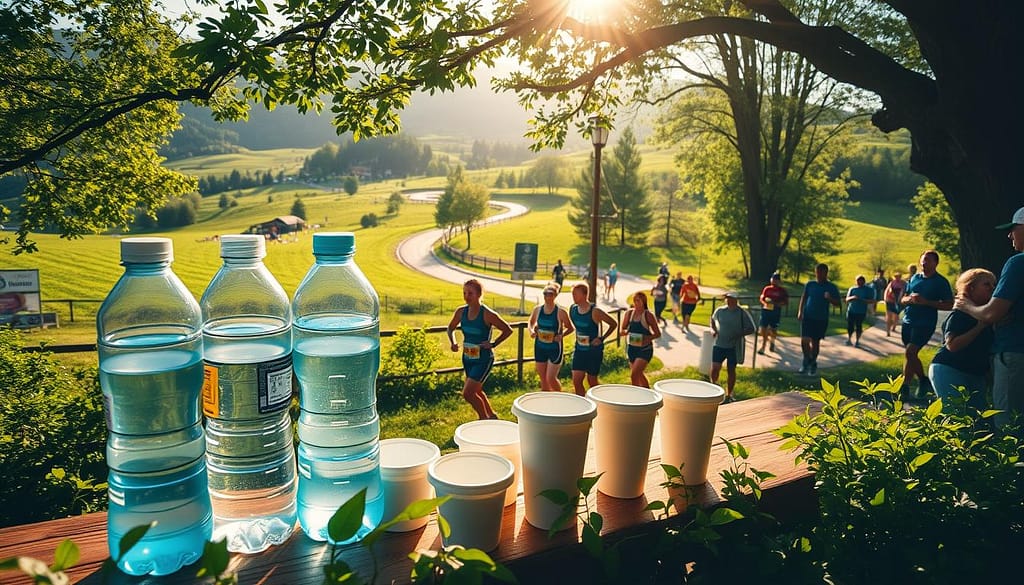 A serene, sun-dappled scene of an eco-friendly marathon hydration station. In the foreground, reusable water bottles and compostable cups sit on a wooden table, surrounded by lush greenery. The middle ground features a group of runners pausing to refuel, their faces lit by the warm, golden glow of the sun. In the background, a winding, tree-lined course winds through a verdant, rolling landscape, with spectators cheering on the athletes. The atmosphere exudes a sense of environmental responsibility and community, captured through a wide-angle lens that emphasizes the harmony between the event and its natural surroundings. A serene, sun-dappled scene of an eco-friendly marathon hydration station. In the foreground, reusable water bottles and compostable cups sit on a wooden table, surrounded by lush greenery. The middle ground features a group of runners pausing to refuel, their faces lit by the warm, golden glow of the sun. In the background, a winding, tree-lined course winds through a verdant, rolling landscape, with spectators cheering on the athletes. The atmosphere exudes a sense of environmental responsibility and community, captured through a wide-angle lens that emphasizes the harmony between the event and its natural surroundings.