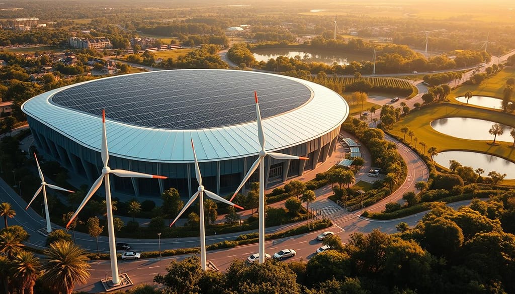 A solar-powered sports arena stands proudly, its sleek rooftop panels gleaming in the sun. In the foreground, wind turbines spin gracefully, generating clean energy to power the bustling venue. The middle ground reveals electric vehicle charging stations, encouraging sustainable transportation. The background showcases lush greenery and a serene pond, creating a harmonious balance between modern technology and nature. The lighting is warm and natural, casting a welcoming glow over the scene. The overall atmosphere exudes a sense of environmental responsibility and progressive innovation, perfectly capturing the essence of renewable energy in sports arenas. A solar-powered sports arena stands proudly, its sleek rooftop panels gleaming in the sun. In the foreground, wind turbines spin gracefully, generating clean energy to power the bustling venue. The middle ground reveals electric vehicle charging stations, encouraging sustainable transportation. The background showcases lush greenery and a serene pond, creating a harmonious balance between modern technology and nature. The lighting is warm and natural, casting a welcoming glow over the scene. The overall atmosphere exudes a sense of environmental responsibility and progressive innovation, perfectly capturing the essence of renewable energy in sports arenas.