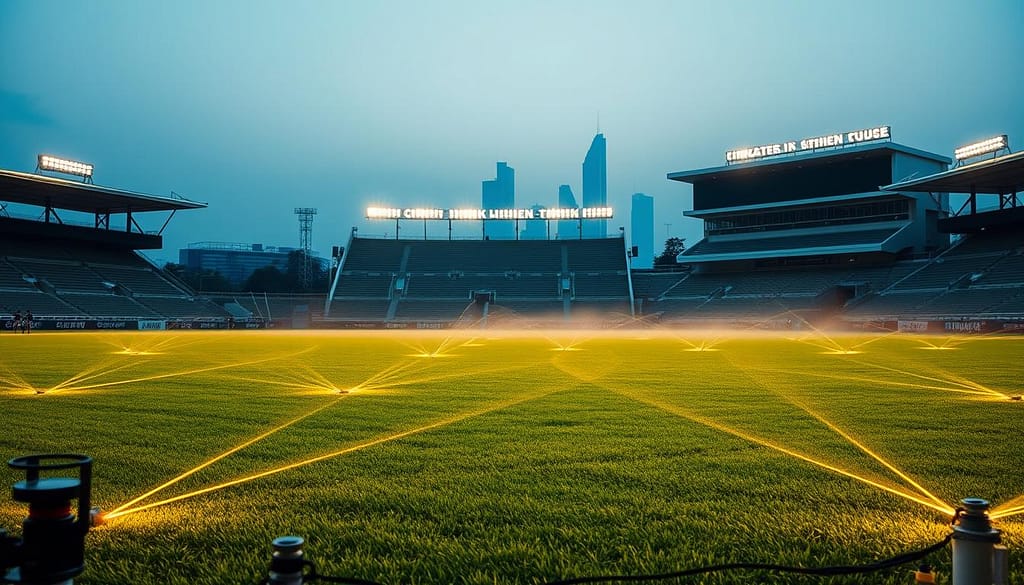 A sports stadium at dusk, with sleek, modern irrigation systems prominently featured. In the foreground, a network of sensors and sprinklers cover the lush, well-manicured turf, their efficient water patterns illuminated by warm, golden lighting. In the middle ground, stadium seating and structures rise, their facades adorned with integrated water-saving technologies like greywater recycling systems and drought-tolerant landscaping. The background is a hazy, cityscape skyline, underscoring the venue's urban setting and the importance of sustainable water management. The overall mood is one of technological innovation and environmental responsibility, showcasing how smart irrigation can enable water conservation in high-traffic sports facilities. A sports stadium at dusk, with sleek, modern irrigation systems prominently featured. In the foreground, a network of sensors and sprinklers cover the lush, well-manicured turf, their efficient water patterns illuminated by warm, golden lighting. In the middle ground, stadium seating and structures rise, their facades adorned with integrated water-saving technologies like greywater recycling systems and drought-tolerant landscaping. The background is a hazy, cityscape skyline, underscoring the venue's urban setting and the importance of sustainable water management. The overall mood is one of technological innovation and environmental responsibility, showcasing how smart irrigation can enable water conservation in high-traffic sports facilities.