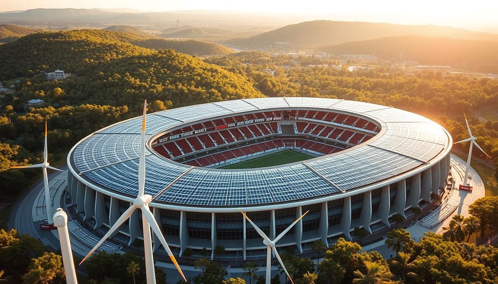 A sprawling sports arena nestled amidst a verdant landscape, its rooftops adorned with gleaming solar panels capturing the sun's radiant energy. In the foreground, wind turbines gracefully spin, harnessing the gentle breeze to power the bustling activity within. The arena's sleek, modern architecture seamlessly integrates renewable technology, creating a harmonious symphony of sustainability. Warm, natural lighting floods the scene, casting a serene glow over the entire complex. Cutting-edge smart grid systems intelligently manage the flow of renewable energy, ensuring efficient and reliable power for the exciting sporting events unfolding within. A sprawling sports arena nestled amidst a verdant landscape, its rooftops adorned with gleaming solar panels capturing the sun's radiant energy. In the foreground, wind turbines gracefully spin, harnessing the gentle breeze to power the bustling activity within. The arena's sleek, modern architecture seamlessly integrates renewable technology, creating a harmonious symphony of sustainability. Warm, natural lighting floods the scene, casting a serene glow over the entire complex. Cutting-edge smart grid systems intelligently manage the flow of renewable energy, ensuring efficient and reliable power for the exciting sporting events unfolding within.