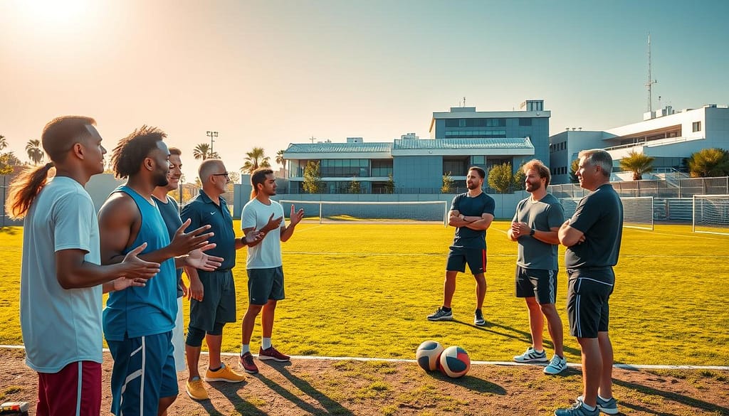 A sun-drenched outdoor sports venue, with athletes and water agency representatives engaged in dynamic discussions. In the foreground, a group of people gesticulating animatedly, their faces expressing enthusiasm and collaboration. In the middle ground, a lush, verdant field where a variety of sports equipment is neatly arranged. In the background, modern, energy-efficient buildings and water infrastructure, symbolizing the partnership between sports and sustainable water management. The lighting is warm and natural, casting a golden glow over the scene, conveying a sense of optimism and progress. The overall composition suggests a harmonious integration of sports, community, and innovative water conservation strategies. A sun-drenched outdoor sports venue, with athletes and water agency representatives engaged in dynamic discussions. In the foreground, a group of people gesticulating animatedly, their faces expressing enthusiasm and collaboration. In the middle ground, a lush, verdant field where a variety of sports equipment is neatly arranged. In the background, modern, energy-efficient buildings and water infrastructure, symbolizing the partnership between sports and sustainable water management. The lighting is warm and natural, casting a golden glow over the scene, conveying a sense of optimism and progress. The overall composition suggests a harmonious integration of sports, community, and innovative water conservation strategies.