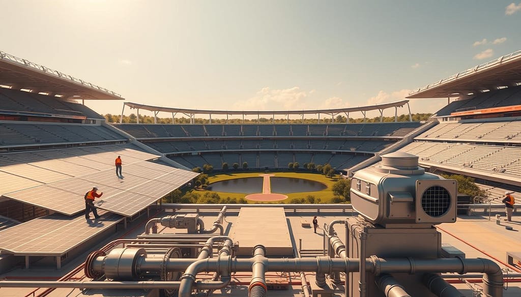 A vast, modern stadium stands proudly, its sleek lines and gleaming surfaces reflecting the sun's rays. In the foreground, workers meticulously install solar panels on the roof, harnessing renewable energy to power the venue. The middle ground showcases a network of pipes and vents, representing the stadium's upgraded HVAC system, designed to maximize energy efficiency. In the background, lush greenery and a serene pond offer a tranquil contrast, showcasing the integration of sustainable landscaping. The scene is bathed in a warm, golden light, conveying a sense of progress and innovation as the stadium is transformed into an eco-friendly, future-ready hub. A vast, modern stadium stands proudly, its sleek lines and gleaming surfaces reflecting the sun's rays. In the foreground, workers meticulously install solar panels on the roof, harnessing renewable energy to power the venue. The middle ground showcases a network of pipes and vents, representing the stadium's upgraded HVAC system, designed to maximize energy efficiency. In the background, lush greenery and a serene pond offer a tranquil contrast, showcasing the integration of sustainable landscaping. The scene is bathed in a warm, golden light, conveying a sense of progress and innovation as the stadium is transformed into an eco-friendly, future-ready hub.