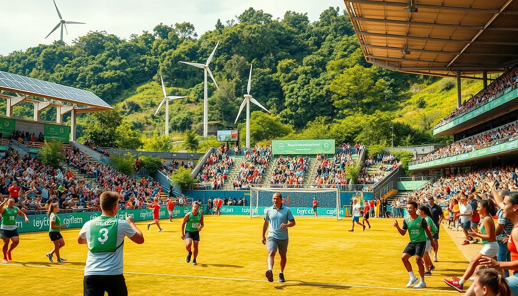 A vibrant and sustainable sports event, a bustling outdoor stadium with eco-friendly design elements. In the foreground, athletes compete in a zero-waste game, using recycled equipment and biodegradable uniforms. In the middle ground, spectators cheer enthusiastically, carrying reusable water bottles and sorting their waste into designated recycling bins. The background features solar panels, wind turbines, and lush greenery, creating a harmonious blend of modern technology and nature. Warm, natural lighting illuminates the scene, reflecting the event's commitment to environmental responsibility and collective effort towards a sustainable future. A vibrant and sustainable sports event, a bustling outdoor stadium with eco-friendly design elements. In the foreground, athletes compete in a zero-waste game, using recycled equipment and biodegradable uniforms. In the middle ground, spectators cheer enthusiastically, carrying reusable water bottles and sorting their waste into designated recycling bins. The background features solar panels, wind turbines, and lush greenery, creating a harmonious blend of modern technology and nature. Warm, natural lighting illuminates the scene, reflecting the event's commitment to environmental responsibility and collective effort towards a sustainable future.