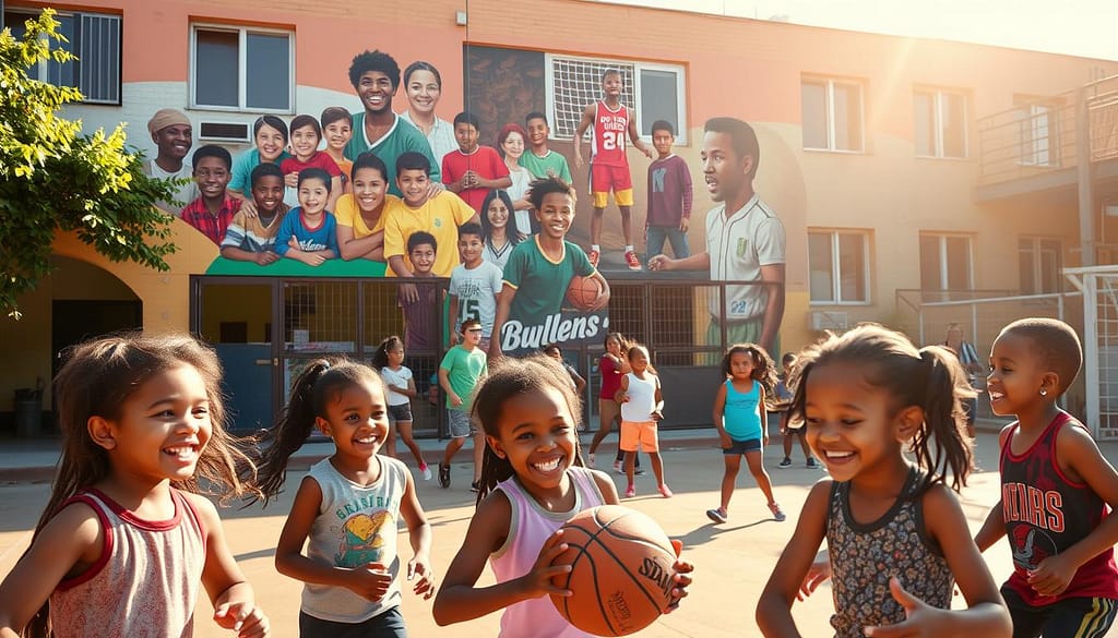 A vibrant community sports center, its facade bathed in warm sunlight. In the foreground, children of diverse backgrounds engage in a spirited game of basketball, their laughter and camaraderie filling the air. The middle ground features a group of teenagers participating in a fitness class, their determined expressions showcasing the transformative power of physical activity. In the background, a mural depicting inspiring athletes and community leaders serves as a testament to the inclusive and empowering nature of these initiatives. The scene is captured with a wide-angle lens, highlighting the sense of unity and purpose that radiates from this hub of social impact. A vibrant community sports center, its facade bathed in warm sunlight. In the foreground, children of diverse backgrounds engage in a spirited game of basketball, their laughter and camaraderie filling the air. The middle ground features a group of teenagers participating in a fitness class, their determined expressions showcasing the transformative power of physical activity. In the background, a mural depicting inspiring athletes and community leaders serves as a testament to the inclusive and empowering nature of these initiatives. The scene is captured with a wide-angle lens, highlighting the sense of unity and purpose that radiates from this hub of social impact.