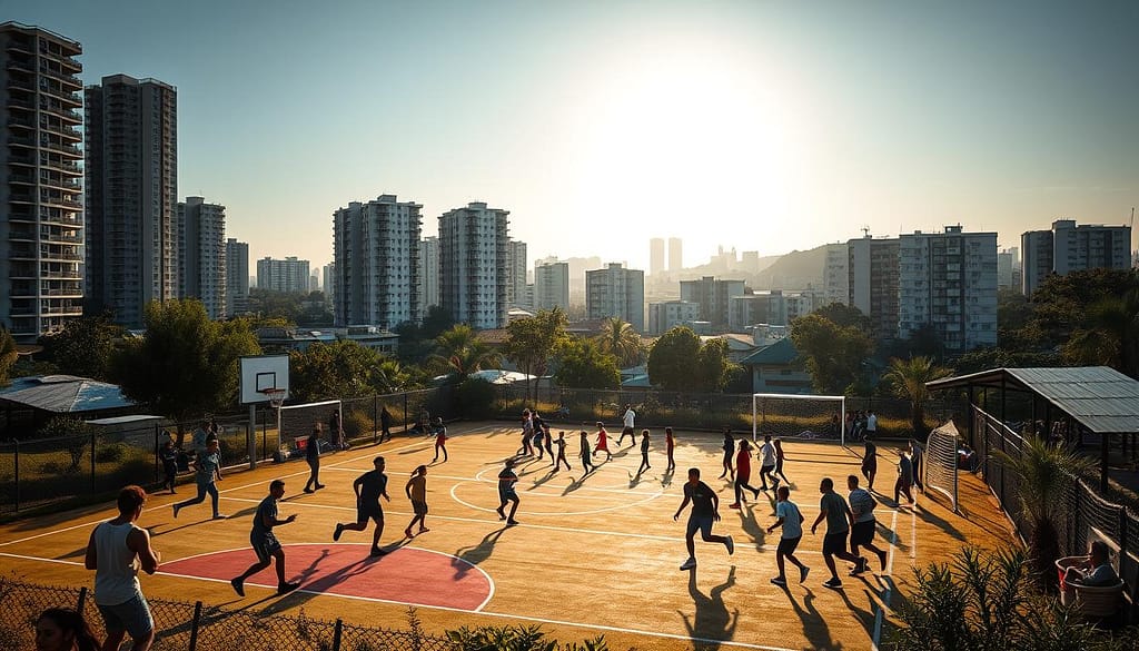 A vibrant community sports complex nestled in an urban landscape. The foreground features a lively pickup basketball game, players weaving through the court with energy and determination. In the middle ground, a soccer match unfolds, families and friends cheering from the sidelines. The background reveals a bustling cityscape, high-rise buildings casting long shadows, a testament to the integration of recreational spaces within the urban fabric. Warm sunlight filters through, illuminating the scene with a sense of togetherness and shared purpose. The overall atmosphere conveys the transformative power of sports, bringing people together and revitalizing the heart of the community. A vibrant community sports complex nestled in an urban landscape. The foreground features a lively pickup basketball game, players weaving through the court with energy and determination. In the middle ground, a soccer match unfolds, families and friends cheering from the sidelines. The background reveals a bustling cityscape, high-rise buildings casting long shadows, a testament to the integration of recreational spaces within the urban fabric. Warm sunlight filters through, illuminating the scene with a sense of togetherness and shared purpose. The overall atmosphere conveys the transformative power of sports, bringing people together and revitalizing the heart of the community.