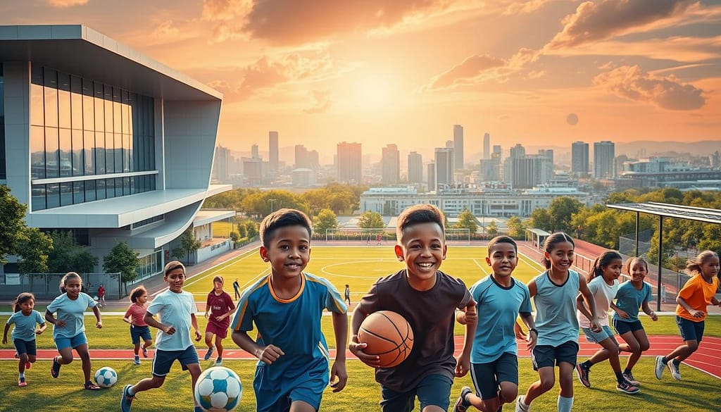 A vibrant, dynamic scene depicting the transformative power of sports in community development. In the foreground, a diverse group of children and young adults engage in various athletic activities - a soccer game, a basketball match, a track and field event. Their faces exude determination, camaraderie, and joy. The middle ground showcases modern, well-equipped sports facilities, with sleek, minimalist architecture and lush, verdant landscaping. In the background, a bustling urban landscape unfolds, with skyscrapers and infrastructure symbolizing progress and growth. Warm, golden sunlight filters through, casting a hopeful glow on the entire scene. The overall atmosphere conveys how sports can be a catalyst for social change, empowering individuals, strengthening communities, and driving sustainable development. A vibrant, dynamic scene depicting the transformative power of sports in community development. In the foreground, a diverse group of children and young adults engage in various athletic activities - a soccer game, a basketball match, a track and field event. Their faces exude determination, camaraderie, and joy. The middle ground showcases modern, well-equipped sports facilities, with sleek, minimalist architecture and lush, verdant landscaping. In the background, a bustling urban landscape unfolds, with skyscrapers and infrastructure symbolizing progress and growth. Warm, golden sunlight filters through, casting a hopeful glow on the entire scene. The overall atmosphere conveys how sports can be a catalyst for social change, empowering individuals, strengthening communities, and driving sustainable development.