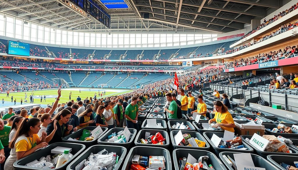 A vibrant sports arena bustling with fans and volunteers sorting through neatly arranged recycling bins. In the foreground, enthusiastic spectators diligently separating plastic, aluminum, and paper waste. In the middle ground, stadium staff guiding the recycling process with informative signage. The background showcases the arena's sleek, modern architecture bathed in warm, natural lighting, reflecting the venue's commitment to sustainability. An uplifting atmosphere of community engagement and environmental stewardship. A vibrant sports arena bustling with fans and volunteers sorting through neatly arranged recycling bins. In the foreground, enthusiastic spectators diligently separating plastic, aluminum, and paper waste. In the middle ground, stadium staff guiding the recycling process with informative signage. The background showcases the arena's sleek, modern architecture bathed in warm, natural lighting, reflecting the venue's commitment to sustainability. An uplifting atmosphere of community engagement and environmental stewardship.