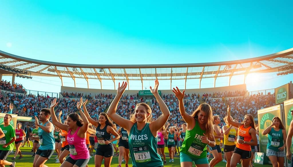 A vibrant, zero-waste sports event unfolds under the warm glow of the sun. In the foreground, athletes enthusiastically participate in eco-friendly activities, their movements captured in dynamic poses. The middle ground showcases a sea of spectators, their faces alight with joy as they engage with interactive recycling stations and educational displays. In the background, the stadium's architecture frames the scene, its sleek, modern design complementing the sustainable ethos of the event. The lighting is soft and natural, casting a welcoming ambiance over the entire scene. The overall atmosphere exudes a sense of community, environmental consciousness, and the shared celebration of sports in a responsible, eco-friendly manner. A vibrant, zero-waste sports event unfolds under the warm glow of the sun. In the foreground, athletes enthusiastically participate in eco-friendly activities, their movements captured in dynamic poses. The middle ground showcases a sea of spectators, their faces alight with joy as they engage with interactive recycling stations and educational displays. In the background, the stadium's architecture frames the scene, its sleek, modern design complementing the sustainable ethos of the event. The lighting is soft and natural, casting a welcoming ambiance over the entire scene. The overall atmosphere exudes a sense of community, environmental consciousness, and the shared celebration of sports in a responsible, eco-friendly manner.