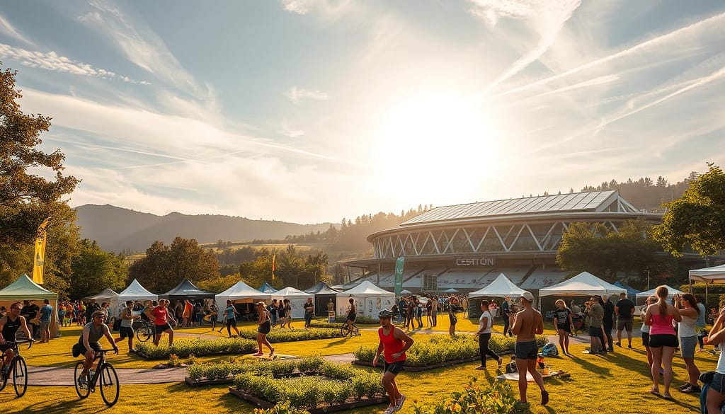 An outdoor sports festival in a lush, eco-friendly setting. In the foreground, athletes engage in a variety of sustainable activities like cycling, rock climbing, and yoga. The middle ground features spectators cheering from the sidelines, surrounded by thriving gardens, solar-powered tents, and recycling stations. In the background, a modern sports stadium blends seamlessly with the natural landscape, its rooftop covered in solar panels. Warm, golden sunlight filters through wispy clouds, creating a serene and uplifting atmosphere. The scene conveys a sense of harmony between athletics, community, and environmental stewardship. An outdoor sports festival in a lush, eco-friendly setting. In the foreground, athletes engage in a variety of sustainable activities like cycling, rock climbing, and yoga. The middle ground features spectators cheering from the sidelines, surrounded by thriving gardens, solar-powered tents, and recycling stations. In the background, a modern sports stadium blends seamlessly with the natural landscape, its rooftop covered in solar panels. Warm, golden sunlight filters through wispy clouds, creating a serene and uplifting atmosphere. The scene conveys a sense of harmony between athletics, community, and environmental stewardship.