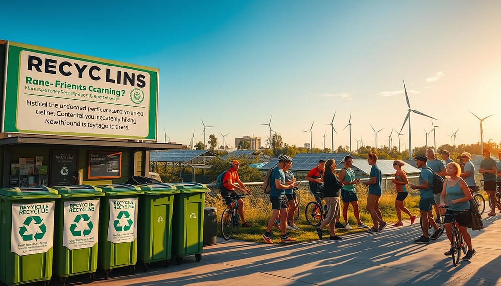 An urban landscape with a municipal recycling center in the foreground, surrounded by athletes engaged in various eco-friendly sports like cycling, running, and hiking. The center features large recycling bins and signage highlighting its partnership with the local sports organizations. In the middle ground, sports teams and event organizers discuss plans for sustainable initiatives, with solar panels and wind turbines visible in the background, hinting at the city's commitment to renewable energy. The scene is bathed in warm, golden light, conveying a sense of collaboration and environmental stewardship. An urban landscape with a municipal recycling center in the foreground, surrounded by athletes engaged in various eco-friendly sports like cycling, running, and hiking. The center features large recycling bins and signage highlighting its partnership with the local sports organizations. In the middle ground, sports teams and event organizers discuss plans for sustainable initiatives, with solar panels and wind turbines visible in the background, hinting at the city's commitment to renewable energy. The scene is bathed in warm, golden light, conveying a sense of collaboration and environmental stewardship.