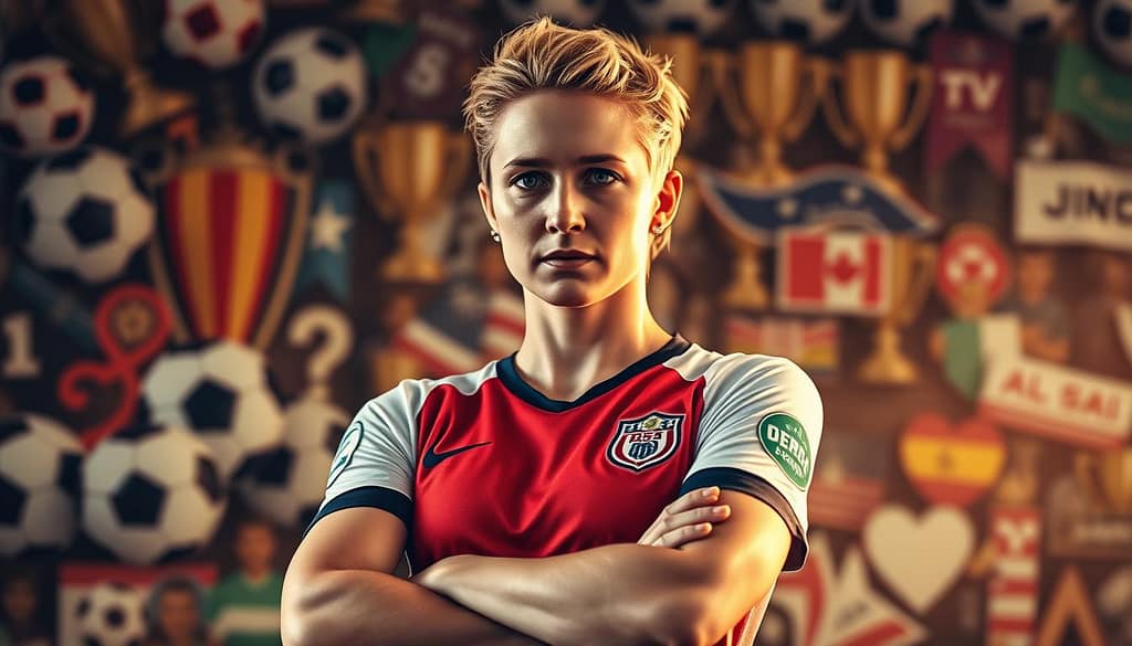 A close-up portrait of Megan Rapinoe, the renowned American soccer player and activist, standing confidently with her arms crossed. She exudes a powerful, determined presence, her gaze fixed and unwavering. The image is bathed in a warm, golden light, creating a sense of gravitas and significance. In the background, a blurred collage of soccer balls, trophies, and symbolic imagery representing the causes she champions, such as gender equity and social justice. The overall composition conveys Rapinoe's unwavering commitment to using her platform to drive positive change. A close-up portrait of Megan Rapinoe, the renowned American soccer player and activist, standing confidently with her arms crossed. She exudes a powerful, determined presence, her gaze fixed and unwavering. The image is bathed in a warm, golden light, creating a sense of gravitas and significance. In the background, a blurred collage of soccer balls, trophies, and symbolic imagery representing the causes she champions, such as gender equity and social justice. The overall composition conveys Rapinoe's unwavering commitment to using her platform to drive positive change.
