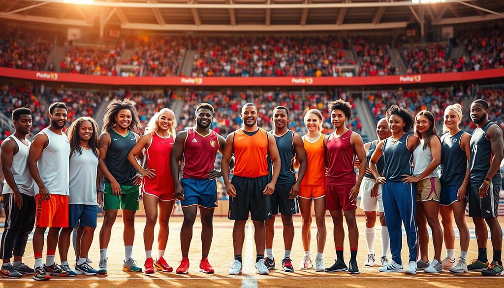 A diverse group of athletes from various backgrounds, standing united on a sports field or court, against a backdrop of a vibrant, inclusive stadium or arena. The foreground features individuals of different races, genders, and abilities, each showcasing their unique talents and contributions to their respective sports. The middle ground depicts scenes of camaraderie, teamwork, and mutual support, symbolizing the power of sports to bring people together and break down barriers. The background is bathed in warm, natural lighting, conveying a sense of hope, progress, and a future where true racial equity is achieved in the world of sports. A diverse group of athletes from various backgrounds, standing united on a sports field or court, against a backdrop of a vibrant, inclusive stadium or arena. The foreground features individuals of different races, genders, and abilities, each showcasing their unique talents and contributions to their respective sports. The middle ground depicts scenes of camaraderie, teamwork, and mutual support, symbolizing the power of sports to bring people together and break down barriers. The background is bathed in warm, natural lighting, conveying a sense of hope, progress, and a future where true racial equity is achieved in the world of sports.