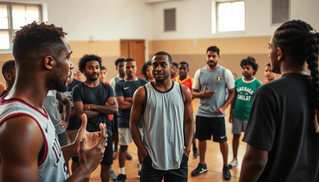 A diverse group of athletes gathered in a well-lit community center, engaged in lively discussions and collaborative workshops. In the foreground, a basketball player leads a discussion on sports-based youth development programs, gesturing passionately. In the middle ground, a track and field athlete facilitates a panel on environmentally sustainable sports infrastructure. In the background, a soccer player guides local youth in a fitness session, their energy and enthusiasm palpable. Soft, diffused lighting creates an atmosphere of warmth and inclusion, underscoring the athletes' commitment to positive change within their communities. A diverse group of athletes gathered in a well-lit community center, engaged in lively discussions and collaborative workshops. In the foreground, a basketball player leads a discussion on sports-based youth development programs, gesturing passionately. In the middle ground, a track and field athlete facilitates a panel on environmentally sustainable sports infrastructure. In the background, a soccer player guides local youth in a fitness session, their energy and enthusiasm palpable. Soft, diffused lighting creates an atmosphere of warmth and inclusion, underscoring the athletes' commitment to positive change within their communities.