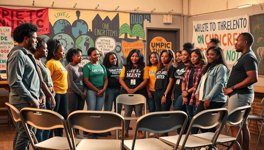 A diverse group of community leaders and athlete activists standing together, faces filled with determination, as they strategize and plan their next steps to drive positive change. The scene is captured in a warm, golden-hour lighting, highlighting the collaborative spirit and sense of unity. In the foreground, a circle of folding chairs forms an intimate discussion space, while in the background, vibrant murals and banners on the walls convey messages of social justice and environmental advocacy. The camera angle is slightly elevated, giving a sense of inclusivity and equal participation. The overall mood is one of empowerment, as this coalition of passionate individuals join forces to amplify their collective voice and make a lasting impact. A diverse group of community leaders and athlete activists standing together, faces filled with determination, as they strategize and plan their next steps to drive positive change. The scene is captured in a warm, golden-hour lighting, highlighting the collaborative spirit and sense of unity. In the foreground, a circle of folding chairs forms an intimate discussion space, while in the background, vibrant murals and banners on the walls convey messages of social justice and environmental advocacy. The camera angle is slightly elevated, giving a sense of inclusivity and equal participation. The overall mood is one of empowerment, as this coalition of passionate individuals join forces to amplify their collective voice and make a lasting impact.