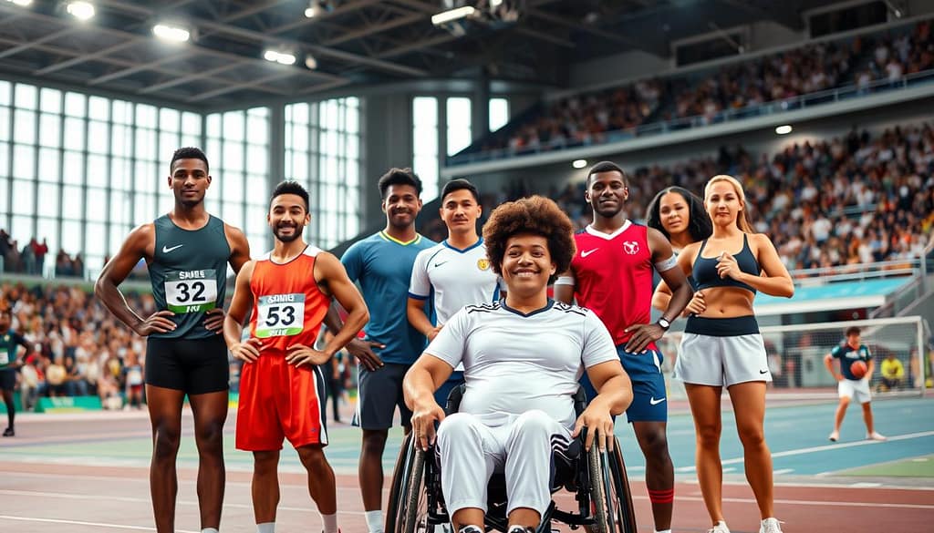 A diverse group of elite athletes standing proudly in a well-lit sports arena. In the foreground, a male sprinter, a female basketball player, and a wheelchair-bound paralympian, their muscles toned and expressions determined. In the middle ground, a soccer player, a swimmer, and a tennis player, each from a different ethnic background, showcasing their skills. In the background, a large crowd of enthusiastic fans cheering them on, creating an atmosphere of triumph and inclusion. The scene is captured with a wide-angle lens, emphasizing the sense of community and the breaking down of barriers in the world of sports. A diverse group of elite athletes standing proudly in a well-lit sports arena. In the foreground, a male sprinter, a female basketball player, and a wheelchair-bound paralympian, their muscles toned and expressions determined. In the middle ground, a soccer player, a swimmer, and a tennis player, each from a different ethnic background, showcasing their skills. In the background, a large crowd of enthusiastic fans cheering them on, creating an atmosphere of triumph and inclusion. The scene is captured with a wide-angle lens, emphasizing the sense of community and the breaking down of barriers in the world of sports.