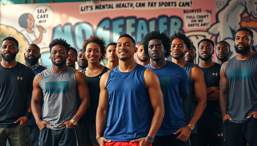 A diverse group of professional athletes, each with a distinct personal story, stands united in a powerful display of mental health advocacy. Warm, natural lighting illuminates their determined expressions as they raise their voices to break the stigma and inspire others to prioritize their well-being. The scene is captured through a cinematic, wide-angle lens, creating a sense of unity and shared purpose. In the background, a vibrant mural depicts themes of resilience, self-care, and the transformative power of sports, setting the stage for a message of hope and empowerment. A diverse group of professional athletes, each with a distinct personal story, stands united in a powerful display of mental health advocacy. Warm, natural lighting illuminates their determined expressions as they raise their voices to break the stigma and inspire others to prioritize their well-being. The scene is captured through a cinematic, wide-angle lens, creating a sense of unity and shared purpose. In the background, a vibrant mural depicts themes of resilience, self-care, and the transformative power of sports, setting the stage for a message of hope and empowerment.