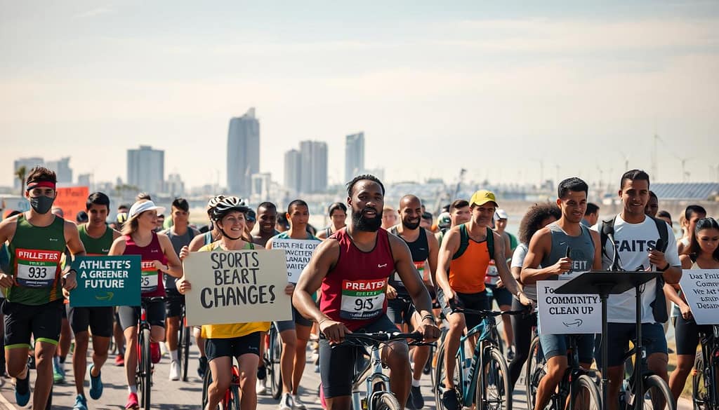 A diverse group of professional athletes engaged in various climate change initiatives, captured in a dynamic, documentary-style scene. In the foreground, a team of runners and cyclists lead a peaceful protest march, carrying signs with slogans like "Athlete's for a Greener Future" and "Sports Against Climate Change". In the middle ground, a mixed martial artist leads a community beach clean-up, while a basketball player speaks at a press conference, discussing their commitment to sustainable practices. The background features a sun-dappled urban skyline, with solar panels and wind turbines visible on the rooftops. The overall tone is one of determined activism, with the athletes using their platforms to drive positive environmental change. A diverse group of professional athletes engaged in various climate change initiatives, captured in a dynamic, documentary-style scene. In the foreground, a team of runners and cyclists lead a peaceful protest march, carrying signs with slogans like "Athlete's for a Greener Future" and "Sports Against Climate Change". In the middle ground, a mixed martial artist leads a community beach clean-up, while a basketball player speaks at a press conference, discussing their commitment to sustainable practices. The background features a sun-dappled urban skyline, with solar panels and wind turbines visible on the rooftops. The overall tone is one of determined activism, with the athletes using their platforms to drive positive environmental change.
