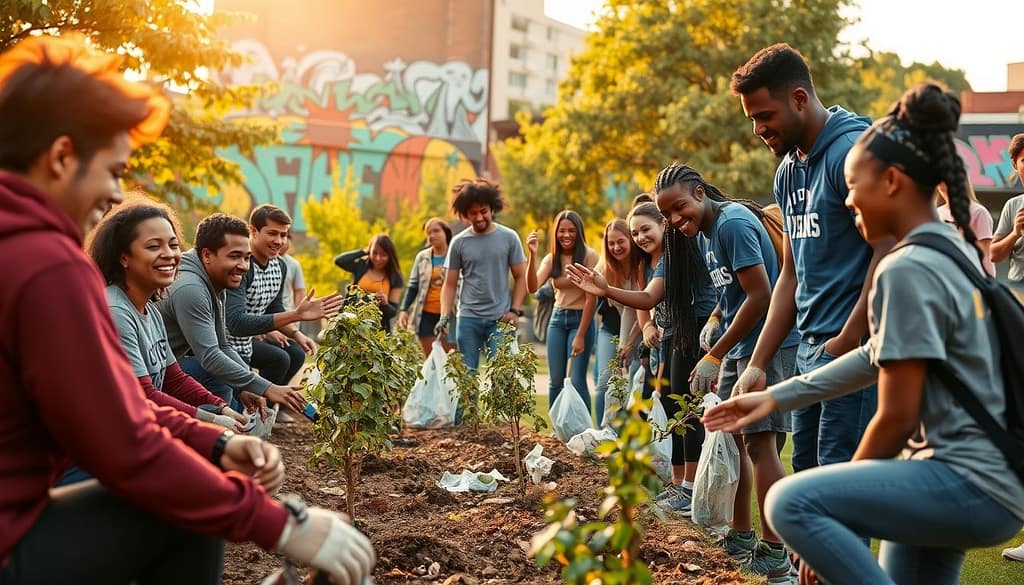 A diverse group of student athletes engaged in a community service project, with a warm, uplifting atmosphere. The foreground features young men and women of various backgrounds working together to clean up a local park, planting trees and picking up litter. The middle ground shows them interacting with local residents, sharing smiles and high-fives. In the background, a vibrant urban landscape with colorful murals and lush greenery sets the scene. Soft, golden lighting casts a glow over the entire composition, evoking a sense of positivity and community empowerment. A diverse group of student athletes engaged in a community service project, with a warm, uplifting atmosphere. The foreground features young men and women of various backgrounds working together to clean up a local park, planting trees and picking up litter. The middle ground shows them interacting with local residents, sharing smiles and high-fives. In the background, a vibrant urban landscape with colorful murals and lush greenery sets the scene. Soft, golden lighting casts a glow over the entire composition, evoking a sense of positivity and community empowerment.