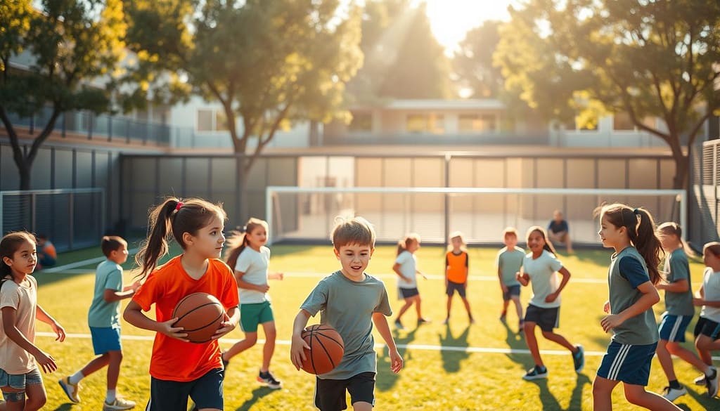 A diverse group of young athletes engaged in various inclusive sports activities, set against a backdrop of a vibrant, sunlit school campus. The foreground features students of different ages, abilities, and backgrounds enthusiastically participating in team sports like basketball, soccer, and adaptive athletics. The middle ground showcases students cheering and supporting each other, fostering a sense of community and camaraderie. The background depicts the school's modern facilities, with well-maintained playing fields, courts, and a state-of-the-art gymnasium, all bathed in warm, natural lighting that conveys a mood of positivity, energy, and mental wellness. A diverse group of young athletes engaged in various inclusive sports activities, set against a backdrop of a vibrant, sunlit school campus. The foreground features students of different ages, abilities, and backgrounds enthusiastically participating in team sports like basketball, soccer, and adaptive athletics. The middle ground showcases students cheering and supporting each other, fostering a sense of community and camaraderie. The background depicts the school's modern facilities, with well-maintained playing fields, courts, and a state-of-the-art gymnasium, all bathed in warm, natural lighting that conveys a mood of positivity, energy, and mental wellness.